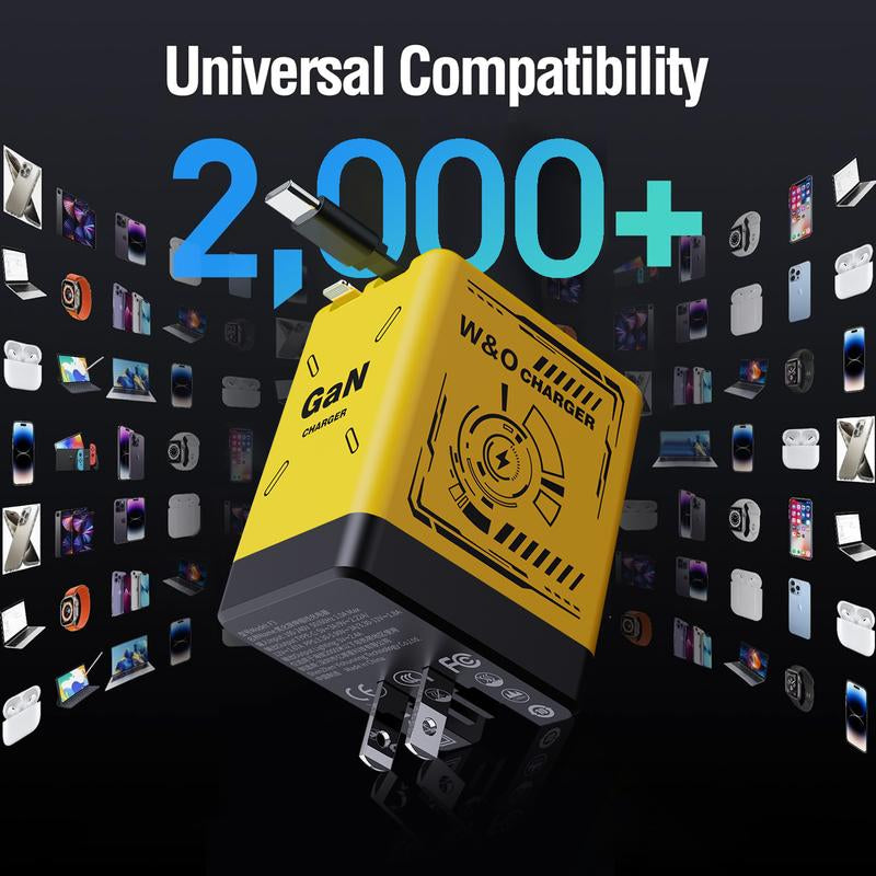 (Works with 2000+ Universal Charger)35W Gan Charger | 2-In-1 Retractable Cable (C/Lightning) | Iphone15/Samsung/Gaming | for Travel & Office