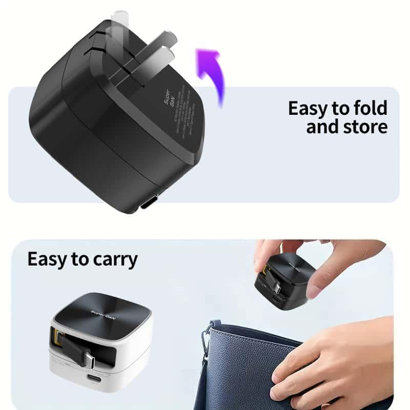 (Works with 2000+ Universal Charger)35W Gan Charger | 2-In-1 Retractable Cable (C/Lightning) | Iphone15/Samsung/Gaming | for Travel & Office