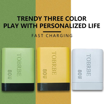 TOBRBE 3 in 1 Gan Charger, Retractable 80W MAX Fast Charger Block with Type-C Cable & 2 USB Ports, Portable Adapter Iphone Smartphone Electronic, Yellow, Cellphone, Folding Charging