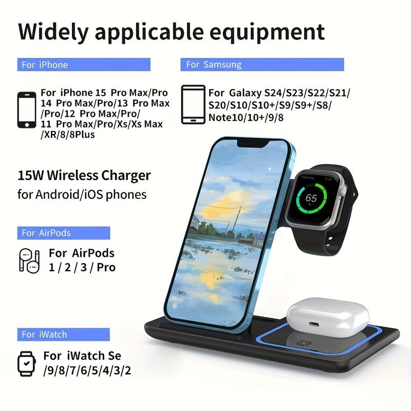 Wireless Charging Station 3-In-1 Standard 15W Fast Mag-Safe Charger Stand for Iphone16 15 14 13 12 11 X 8 Pro Max/Pro/Mini/Plus,Iwatch Ultra 10/9/8 7/6/5 /4/3/2 Se,Airpods 4/3/2/Pro/Pro2