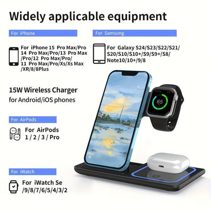 Wireless Charging Station 3-In-1 Standard 15W Fast Mag-Safe Charger Stand for Iphone16 15 14 13 12 11 X 8 Pro Max/Pro/Mini/Plus,Iwatch Ultra 10/9/8 7/6/5 /4/3/2 Se,Airpods 4/3/2/Pro/Pro2