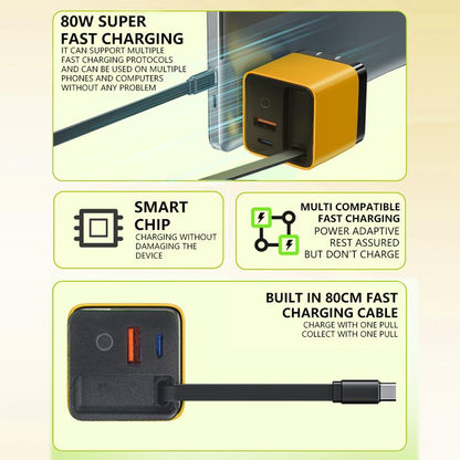 TOBRBE 3 in 1 Gan Charger, Retractable 80W MAX Fast Charger Block with Type-C Cable & 2 USB Ports, Portable Adapter Iphone Smartphone Electronic, Yellow, Cellphone, Folding Charging