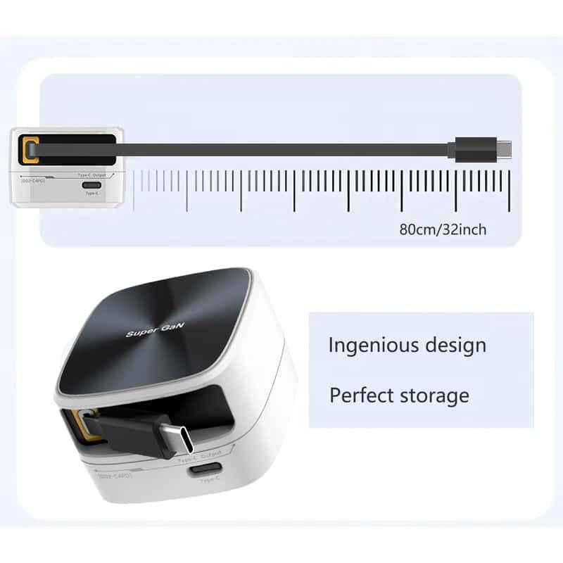 （Works with 2000+ Universal Charger）35W Gan Charger | 2-In-1 Retractable Cable (C/Lightning) | Iphone15/Samsung/Gaming | for Travel & Office