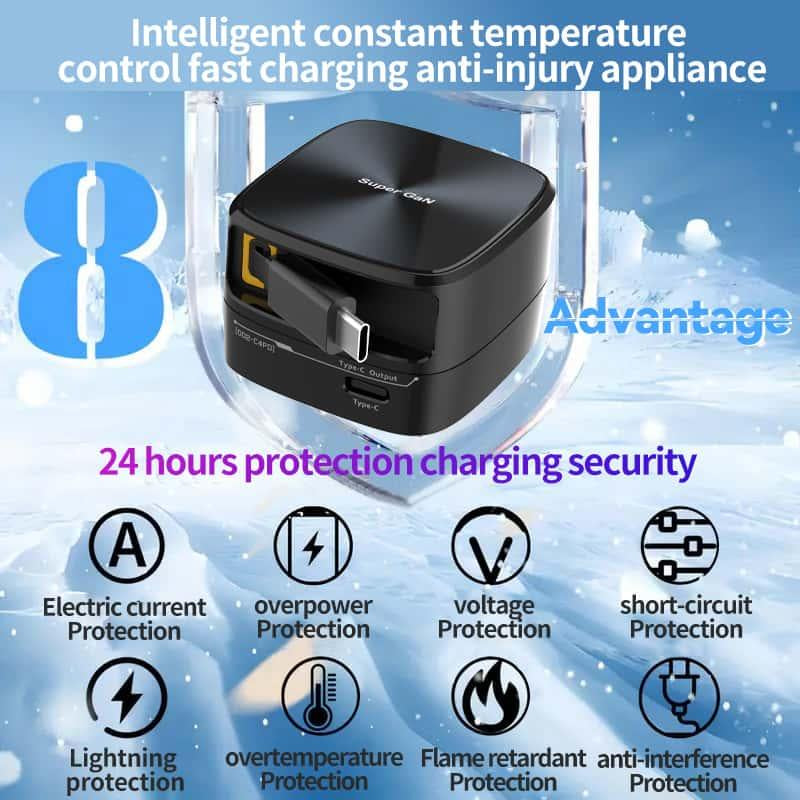 （Works with 2000+ Universal Charger）35W Gan Charger | 2-In-1 Retractable Cable (C/Lightning) | Iphone15/Samsung/Gaming | for Travel & Office
