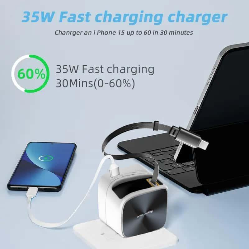 （Works with 2000+ Universal Charger）35W Gan Charger | 2-In-1 Retractable Cable (C/Lightning) | Iphone15/Samsung/Gaming | for Travel & Office