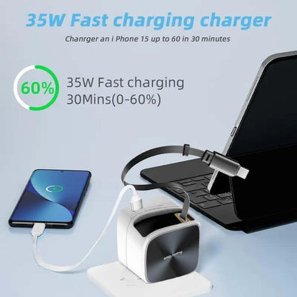 （Works with 2000+ Universal Charger）35W Gan Charger | 2-In-1 Retractable Cable (C/Lightning) | Iphone15/Samsung/Gaming | for Travel & Office